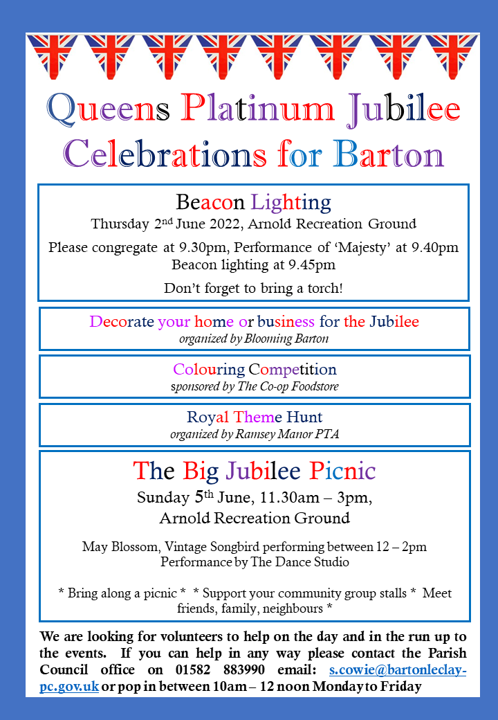 HM The Queens Platinum Jubilee Events in Barton BartonleClay Parish
